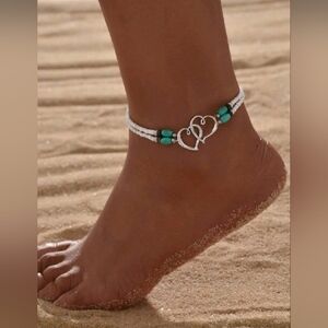 NEW women's handmade ankle bracelet, beads, silver hearts, turquoise